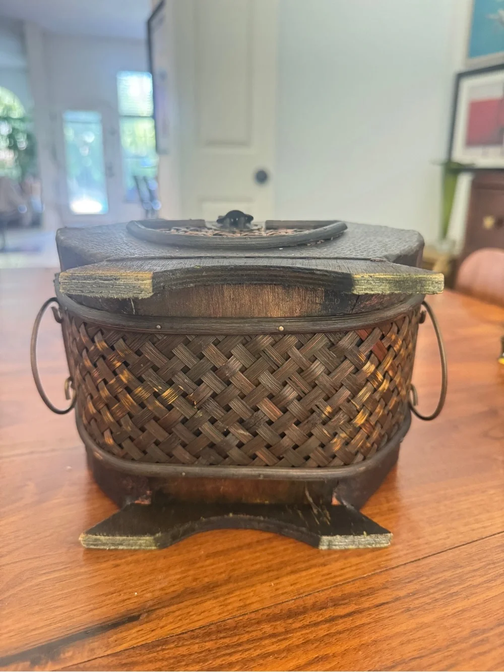 Vintage Inspired Brown Decorative Wicker Wood Chest Box Woven Accent